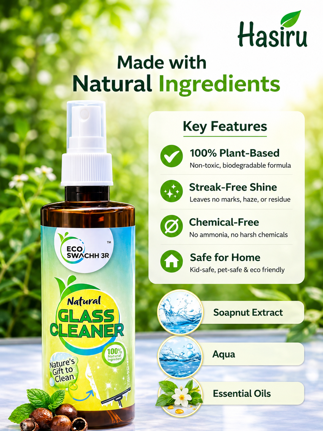 Natural Glass Cleaner, Non-Toxic Cleaner for Glass, Windows & Mirrors.